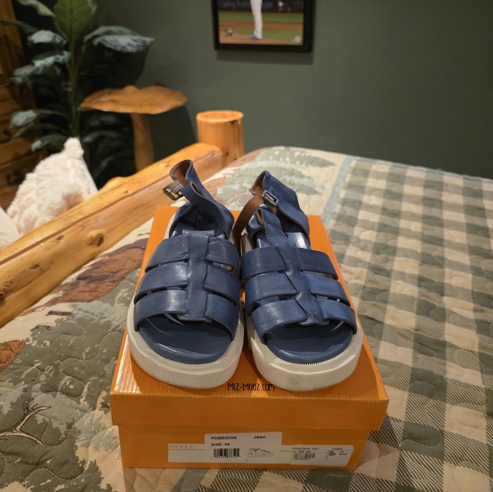 Miz Mooz Blue Fisherman Sandals with White Platform Sole